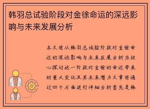 韩羽总试验阶段对金徐命运的深远影响与未来发展分析