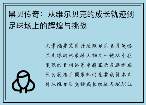 黑贝传奇:从维尔贝克的成长轨迹到足球场上的辉煌与挑战 黑贝传奇:从维尔贝克的成长轨迹到足球场上的辉煌与挑战